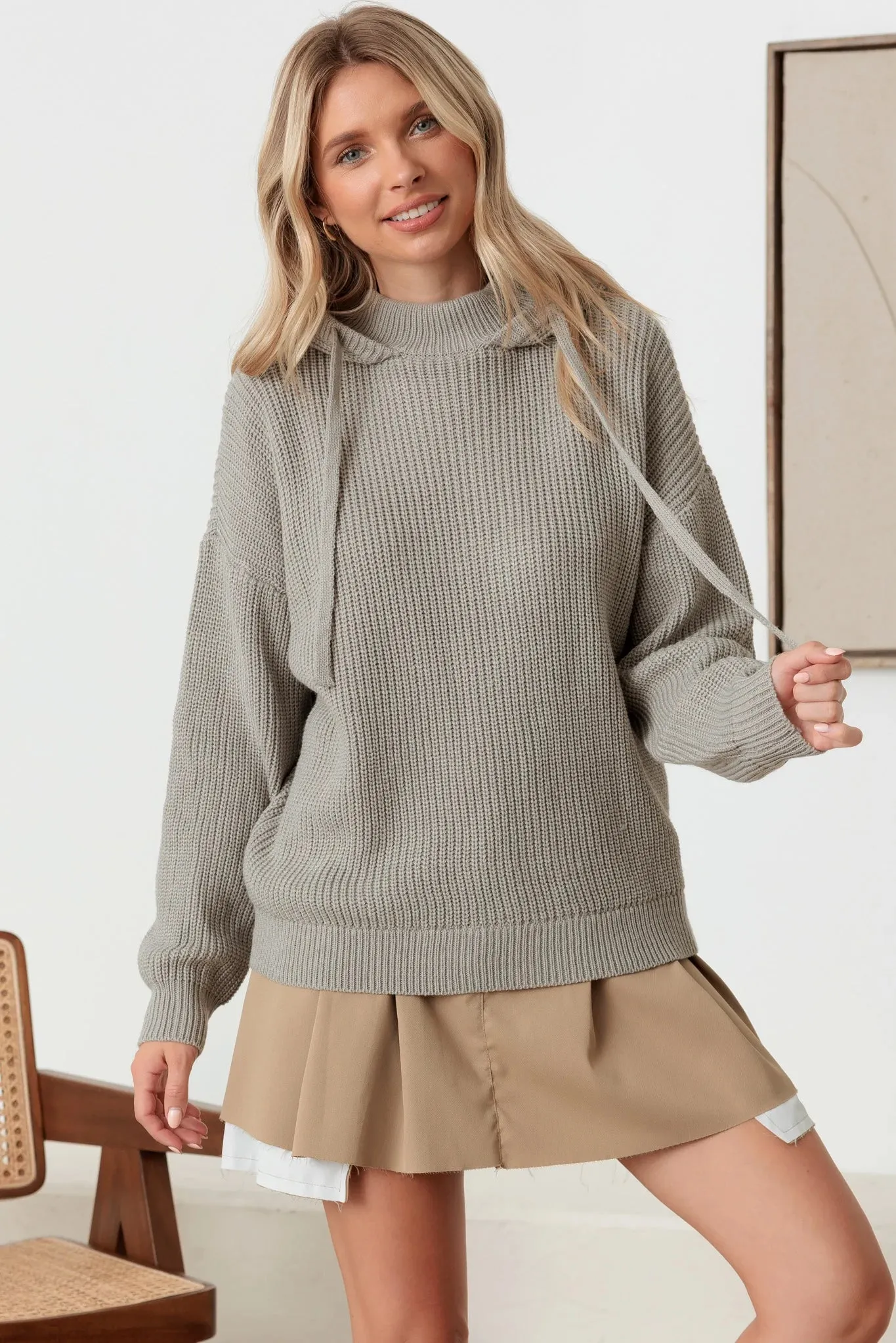 Hooded Long Sleeve Drawstring Relaxed Knit Sweater