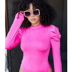hot pink puff sleeve bodysuit