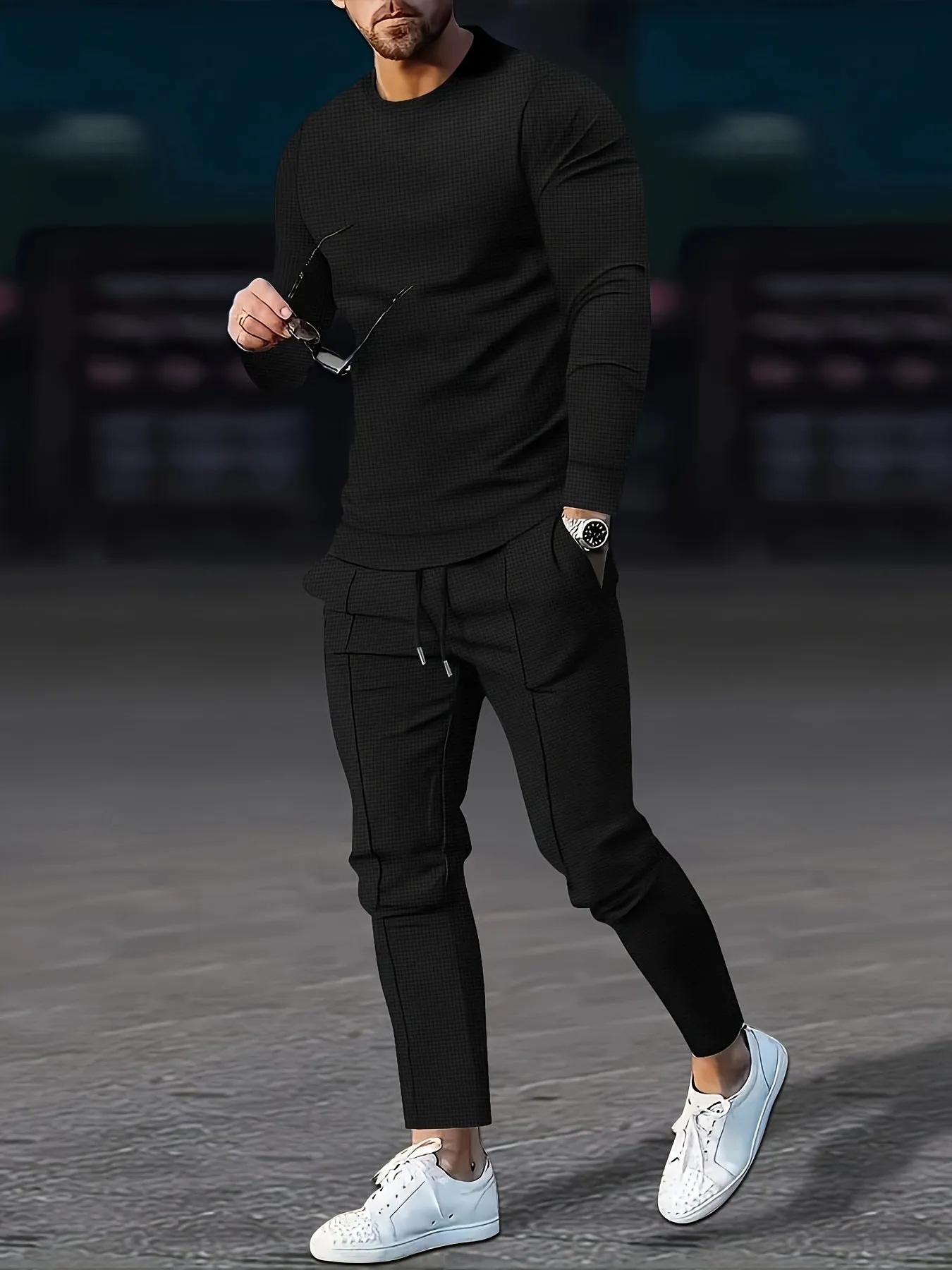Ilooove Pattern Men's 2Pcs Outfits, Casual Crew Neck Long Sleeve Pullover Sweatshirt And Drawstring Sweatpants Joggers Set For Spring Fall, Men's Clothing