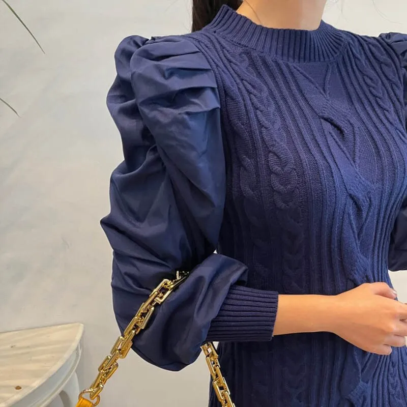 Joskaa hoco dresses Christmas Gift One-Piece Woman Mini Dress Korean Chic Puff Sleeve Slim Short Knitted Sweater Dresses 2020 New Winter Splicing Knit Dress Lady