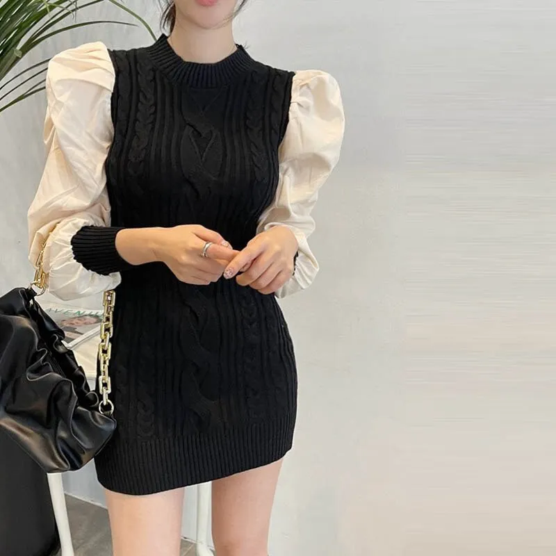 Joskaa hoco dresses Christmas Gift One-Piece Woman Mini Dress Korean Chic Puff Sleeve Slim Short Knitted Sweater Dresses 2020 New Winter Splicing Knit Dress Lady