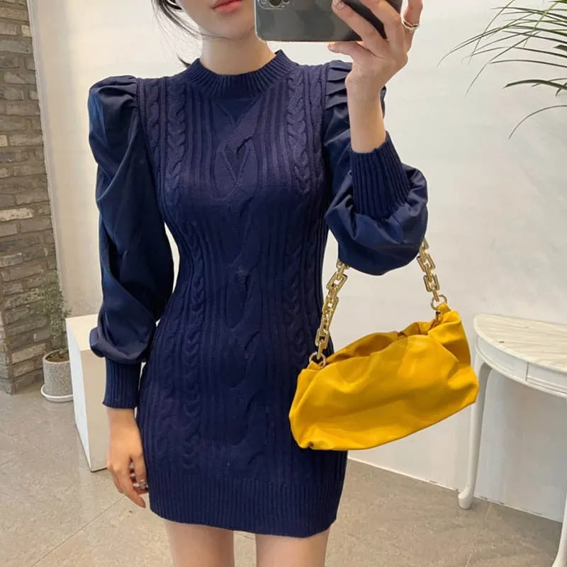 Joskaa hoco dresses Christmas Gift One-Piece Woman Mini Dress Korean Chic Puff Sleeve Slim Short Knitted Sweater Dresses 2020 New Winter Splicing Knit Dress Lady