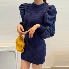Joskaa hoco dresses Christmas Gift One-Piece Woman Mini Dress Korean Chic Puff Sleeve Slim Short Knitted Sweater Dresses 2020 New Winter Splicing Knit Dress Lady
