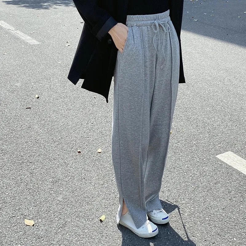 [Korean Style] Gray Black Full Length Drawstring Sweatpants w/ Slit