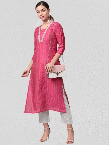 KSUT Pink & Grey Striped Kurta with Trousers