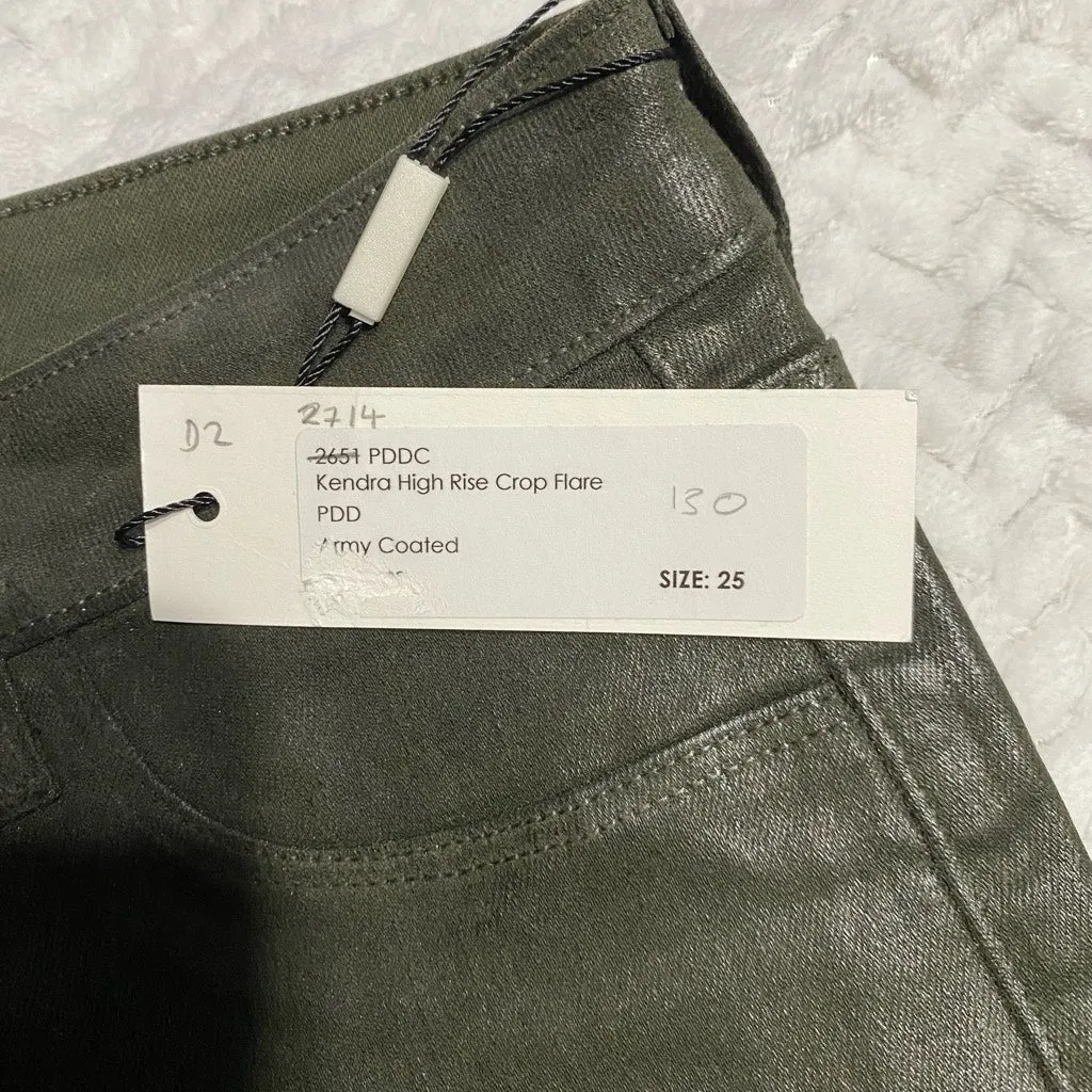 L'Agence Kendra High Rise Cropped Flare Army Green Coated Jeans Raw Hem Size 25
