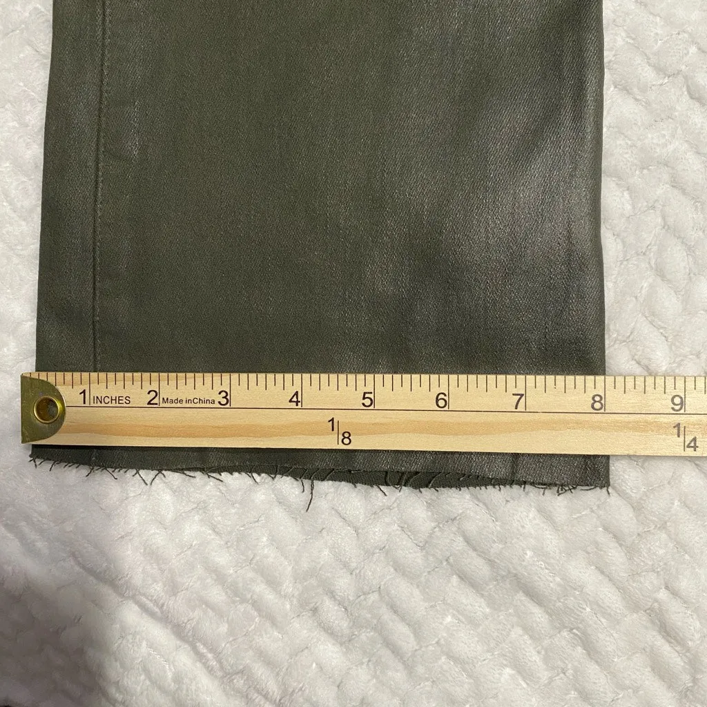 L'Agence Kendra High Rise Cropped Flare Army Green Coated Jeans Raw Hem Size 25