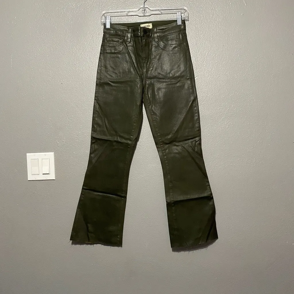 L'Agence Kendra High Rise Cropped Flare Army Green Coated Jeans Raw Hem Size 25