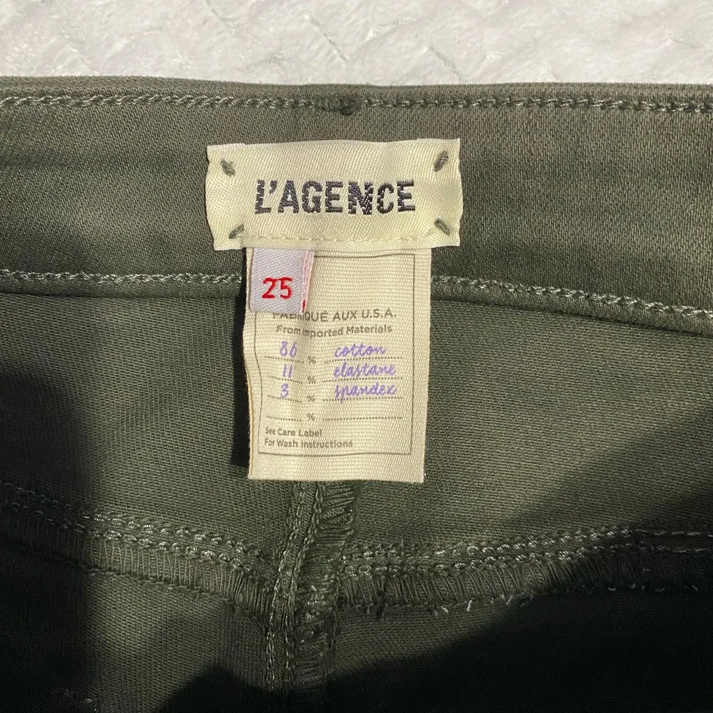 L'Agence Kendra High Rise Cropped Flare Army Green Coated Jeans Raw Hem Size 25