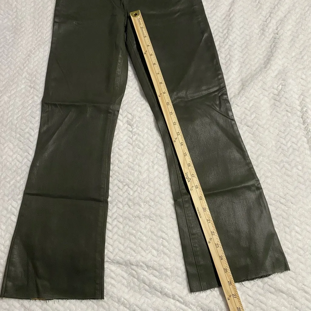 L'Agence Kendra High Rise Cropped Flare Army Green Coated Jeans Raw Hem Size 25