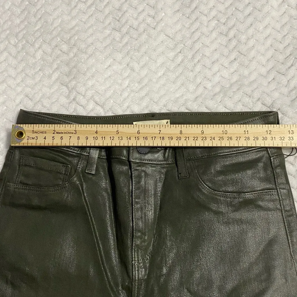 L'Agence Kendra High Rise Cropped Flare Army Green Coated Jeans Raw Hem Size 25