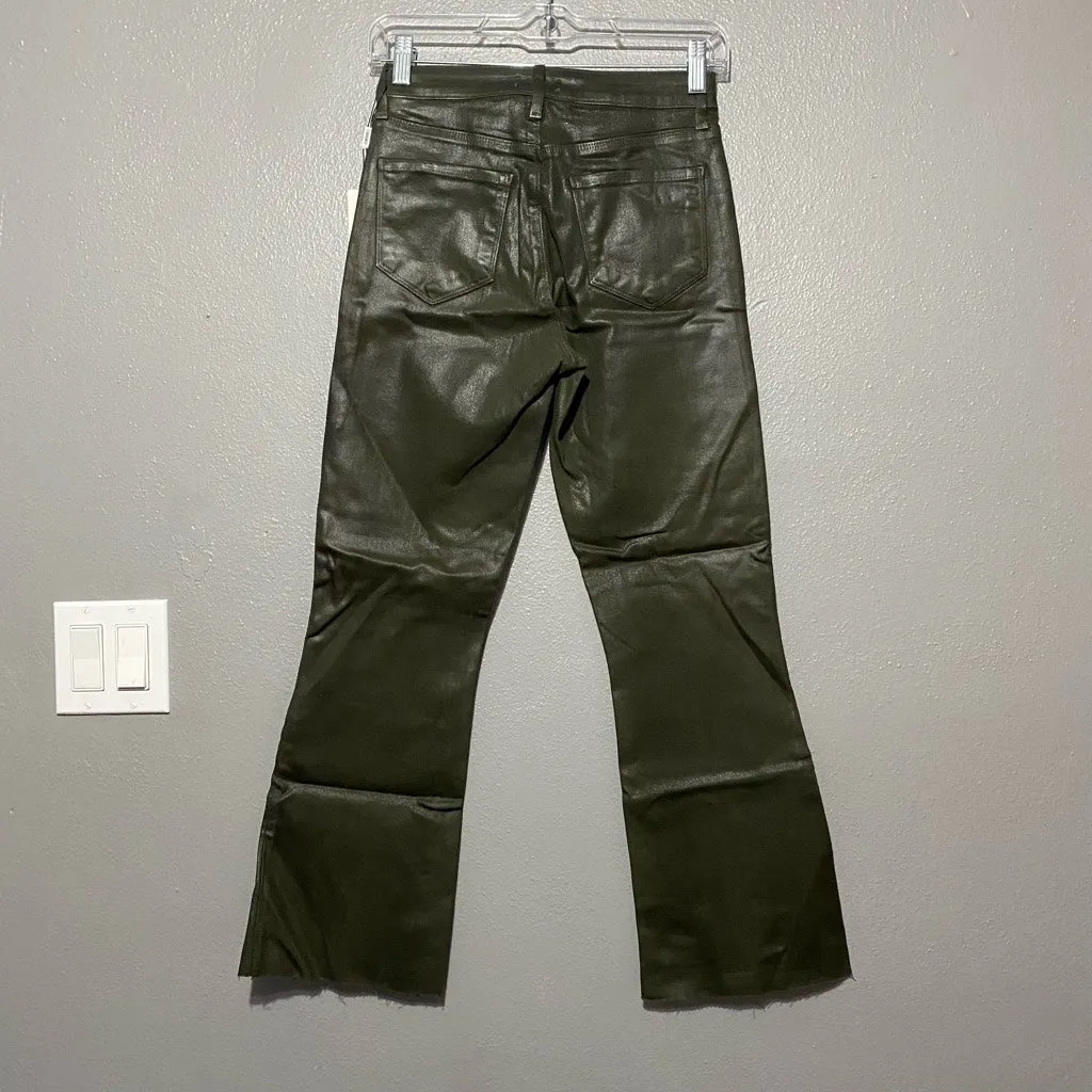 L'Agence Kendra High Rise Cropped Flare Army Green Coated Jeans Raw Hem Size 25