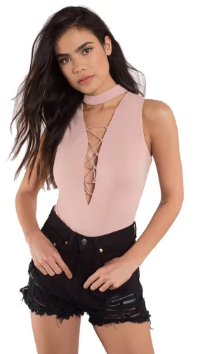 Lena Lace Up Choker Sleeveless Bodysuit Blush