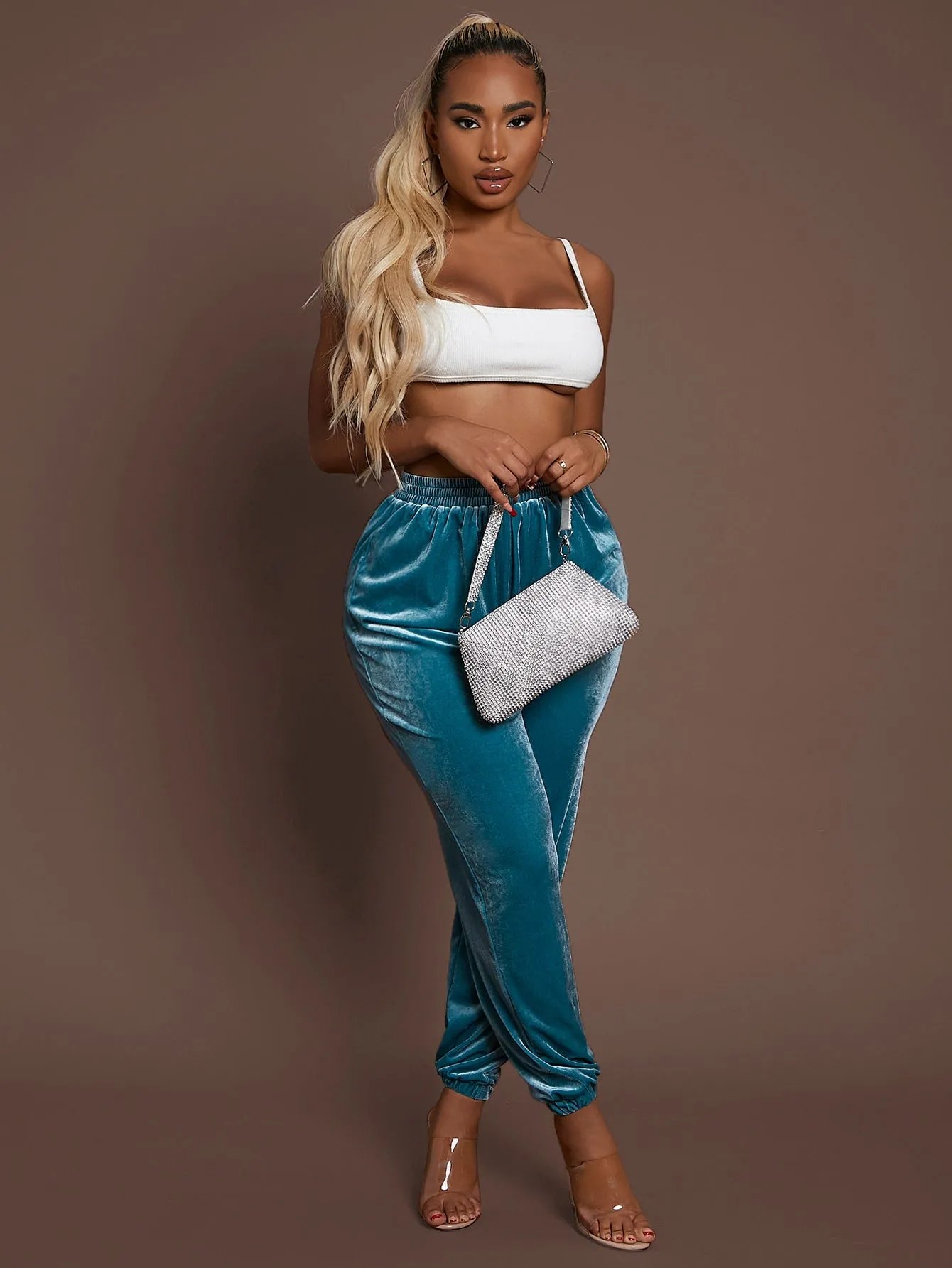 Letter Rhinestone High Waist Long Women Sweatpants