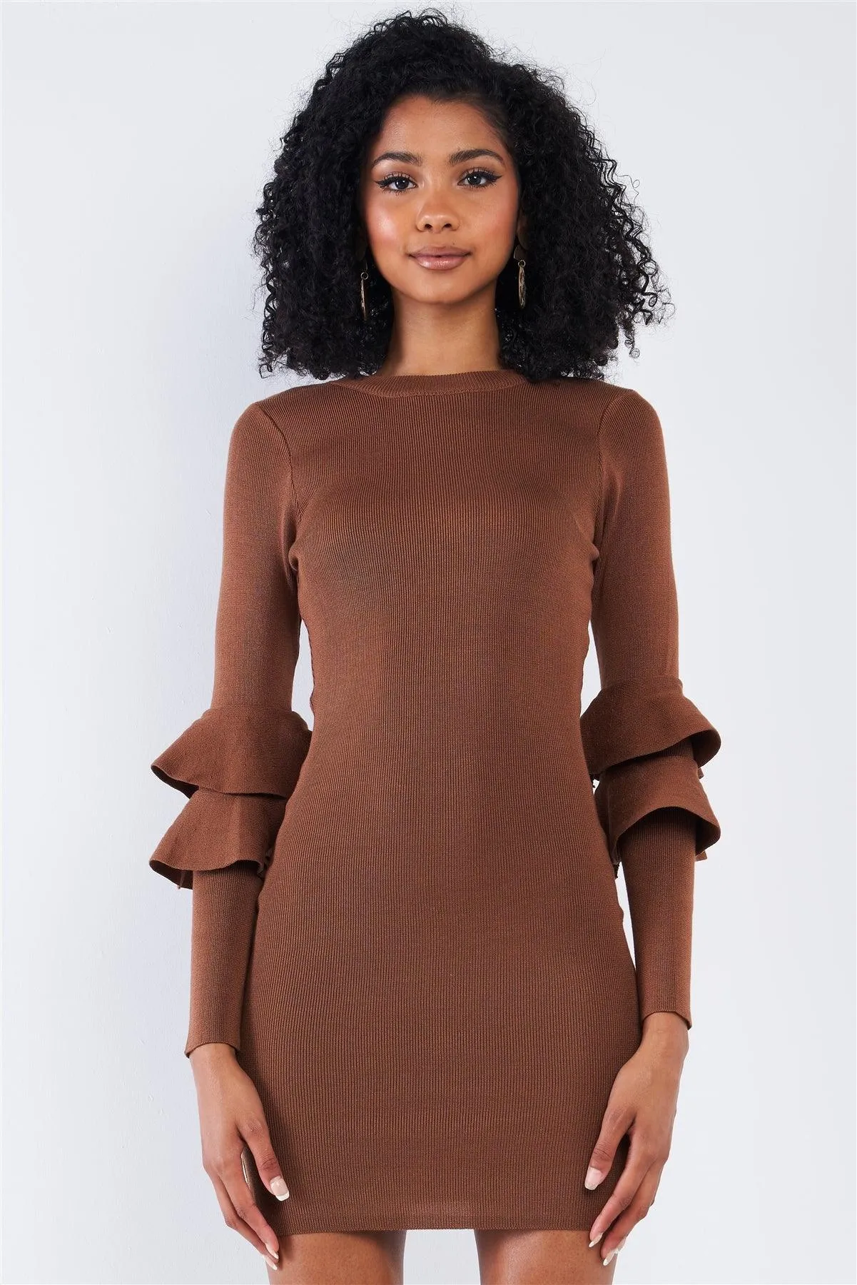 Light Coffee Brown Body-Con Tight Fit Round Neck Double Frill Sleeve Mini Dress