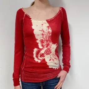 Lightweight Red Bird Motif Cashmere Crew Neck Jumper Extra Small