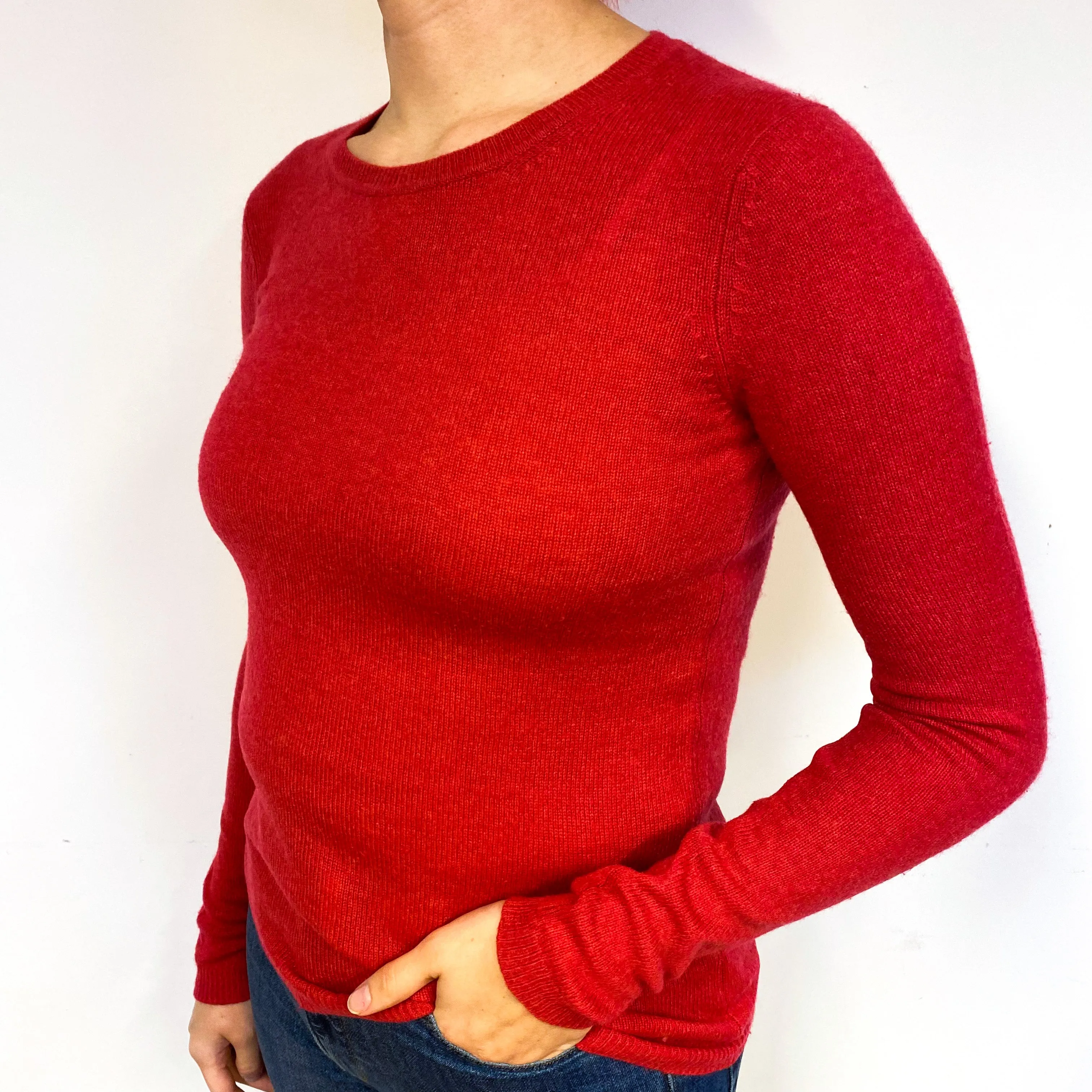 Lightweight Strawberry Red Cashmere Crew Neck Jumper Small