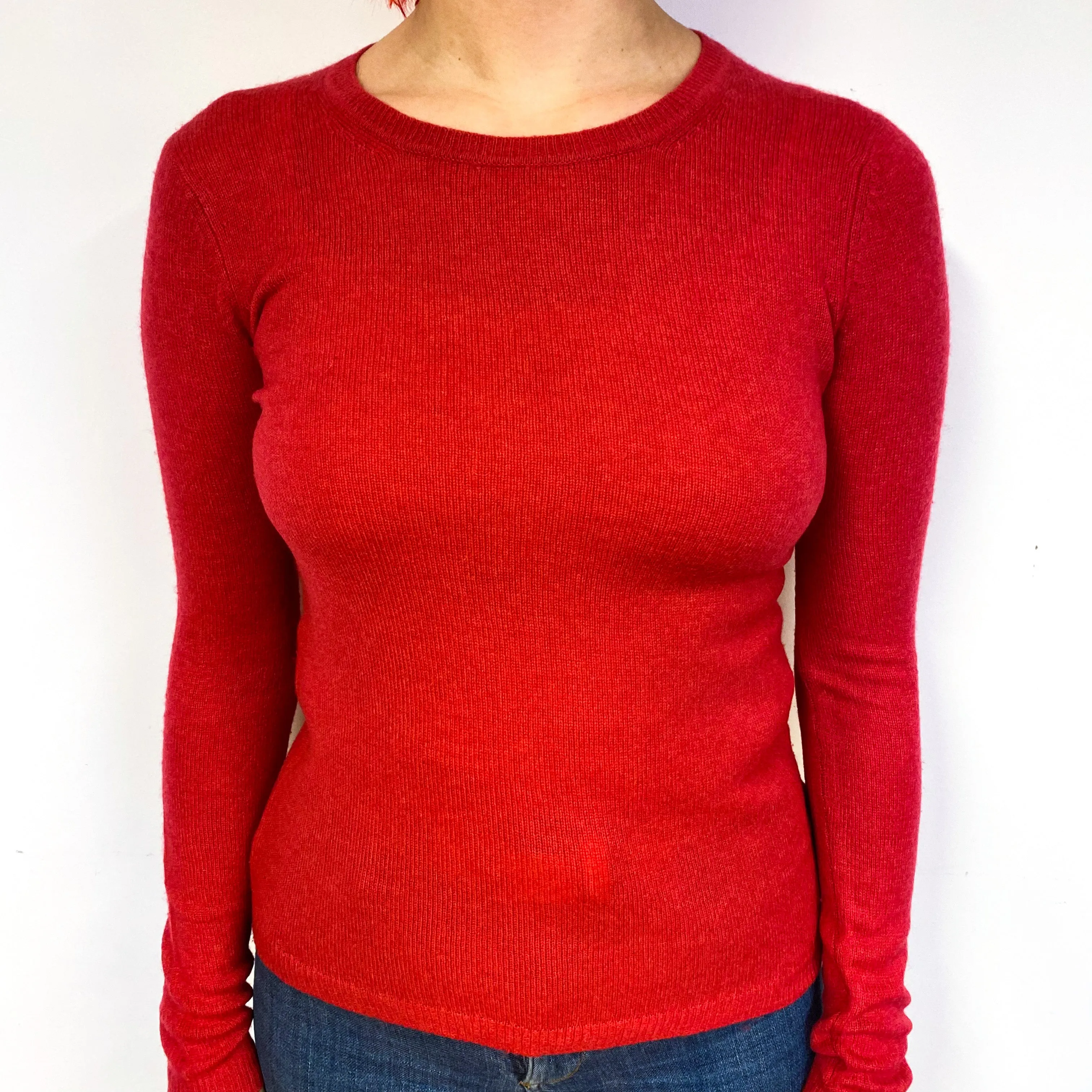 Lightweight Strawberry Red Cashmere Crew Neck Jumper Small