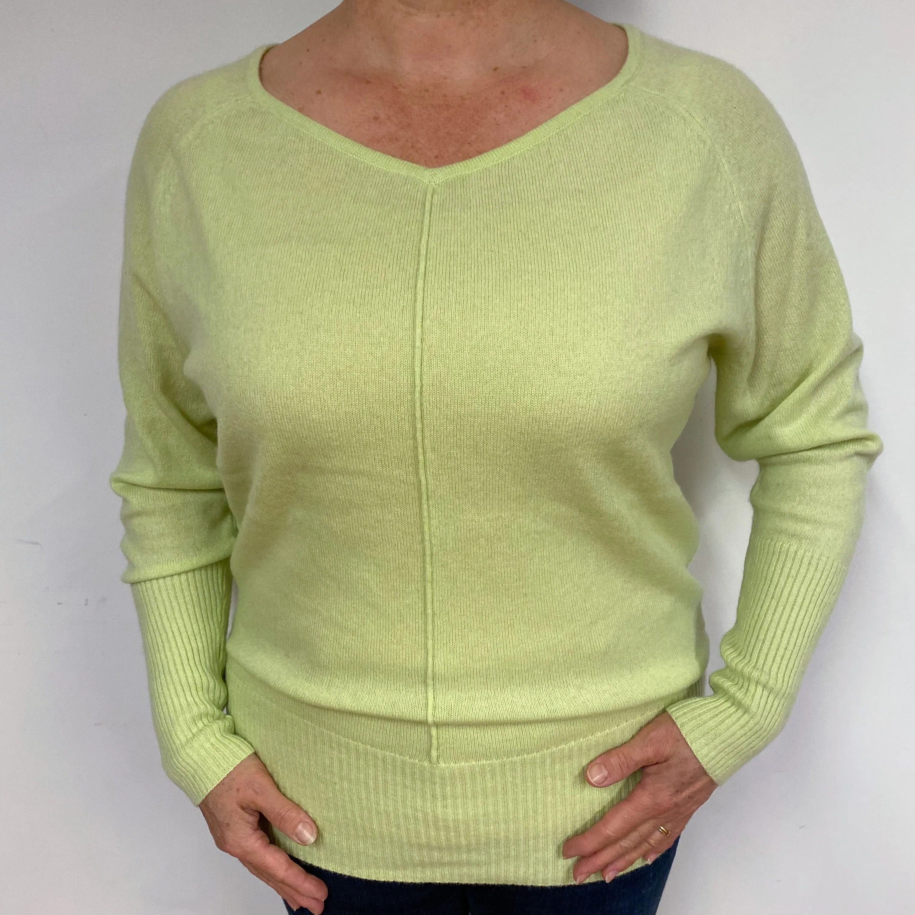 Lime Green Batwing Cashmere V-Neck Jumper Large