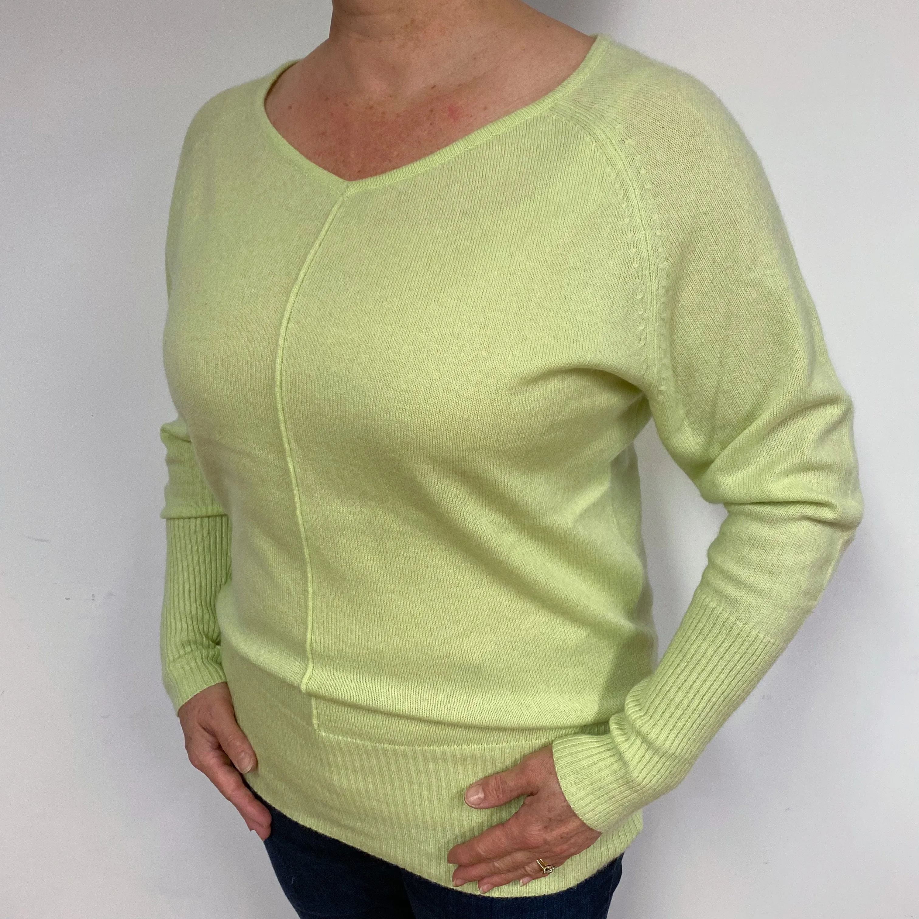 Lime Green Batwing Cashmere V-Neck Jumper Large