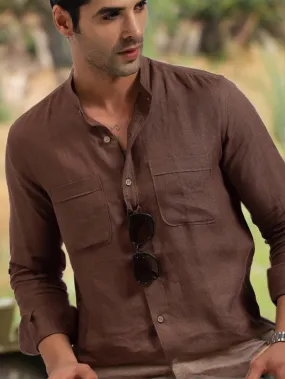 Luca - Pure Linen Double Pocket Full Sleeve Shirt - Coffee Brown
