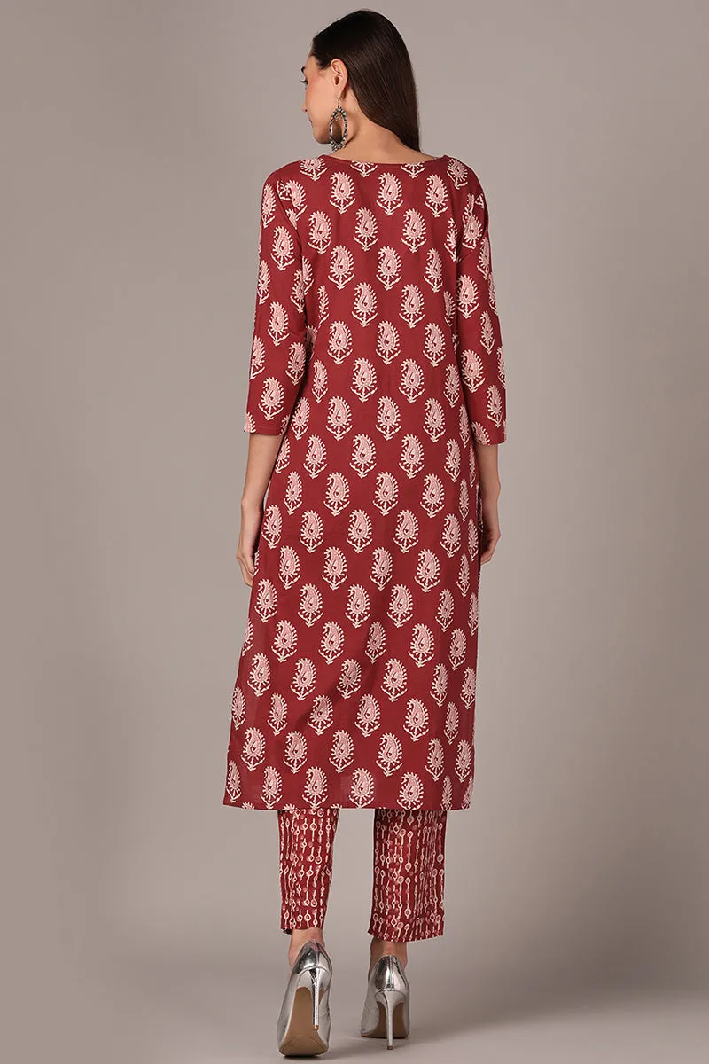 Mauve Cotton Blend Straight Paisley Kurta With Pant