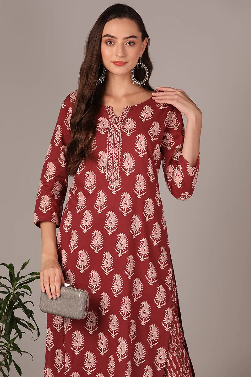 Mauve Cotton Blend Straight Paisley Kurta With Pant