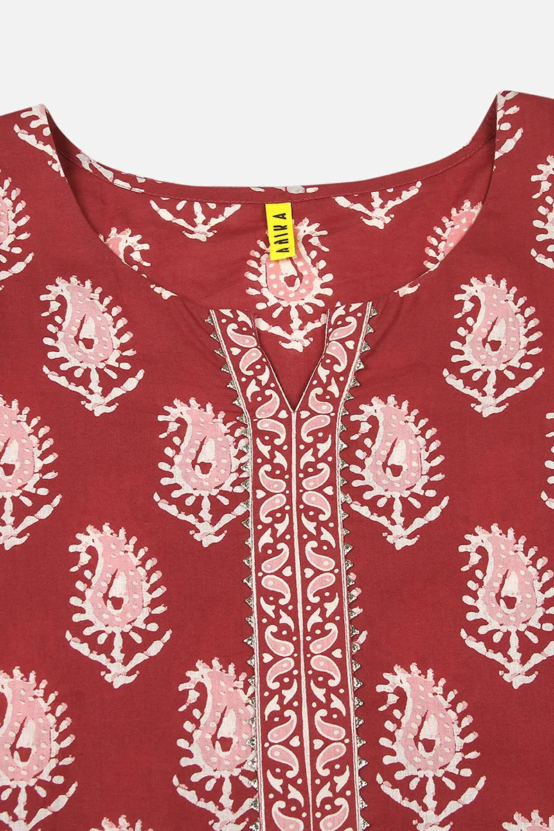Mauve Cotton Blend Straight Paisley Kurta With Pant