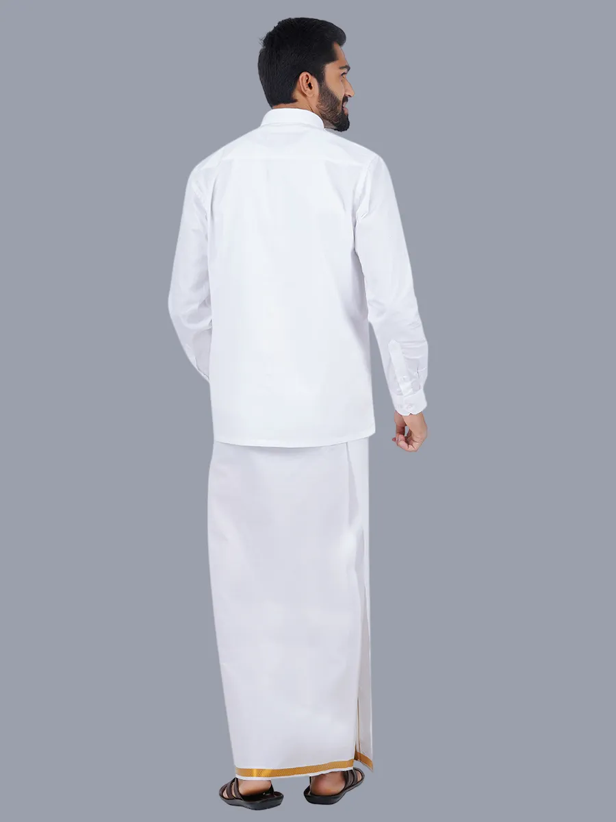 Men 100% Cotton White Full Sleeves Shirt with 1'' inch Gold Jari Double Dhoti Combo