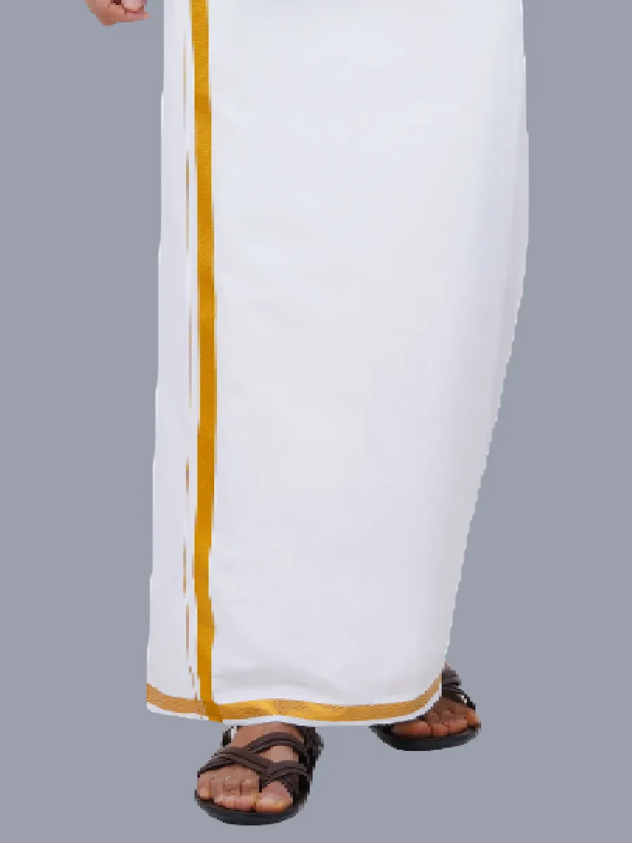 Men 100% Cotton White Full Sleeves Shirt with 1'' inch Gold Jari Double Dhoti Combo