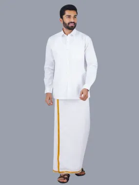 Men 100% Cotton White Full Sleeves Shirt with 1'' inch Gold Jari Double Dhoti Combo