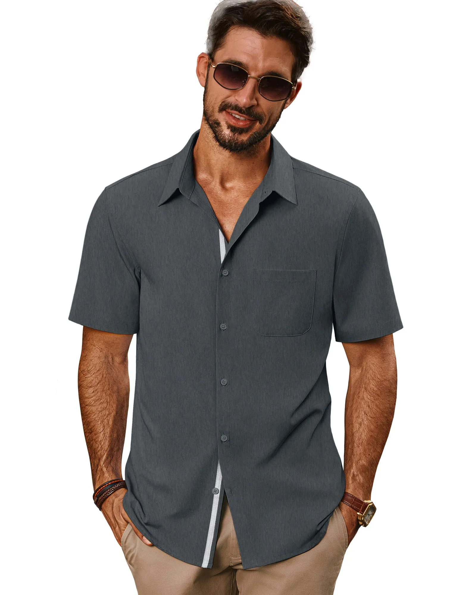 Men Classic Collar Shirt Casual Short Sleeve Curved Hem Button-up Tops