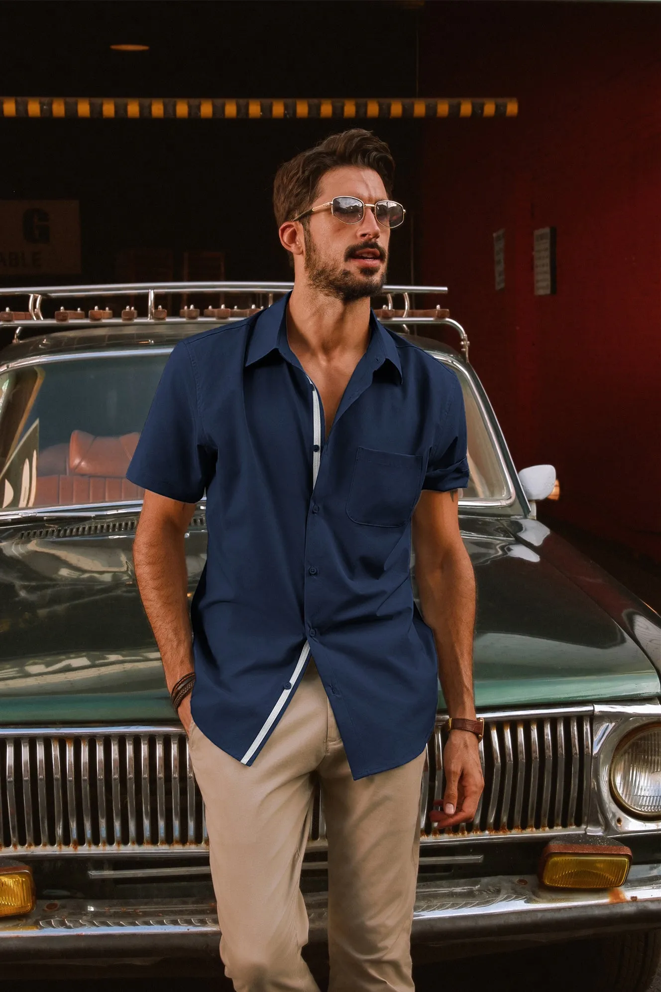 Men Classic Collar Shirt Casual Short Sleeve Curved Hem Button-up Tops