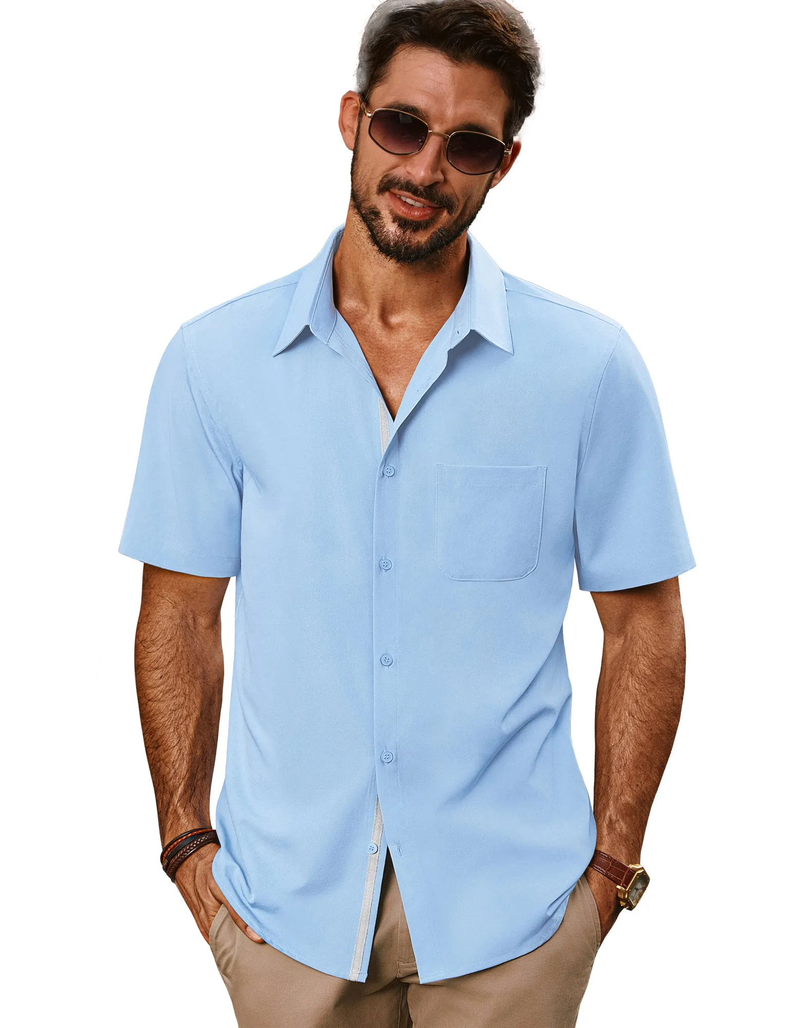 Men Classic Collar Shirt Casual Short Sleeve Curved Hem Button-up Tops