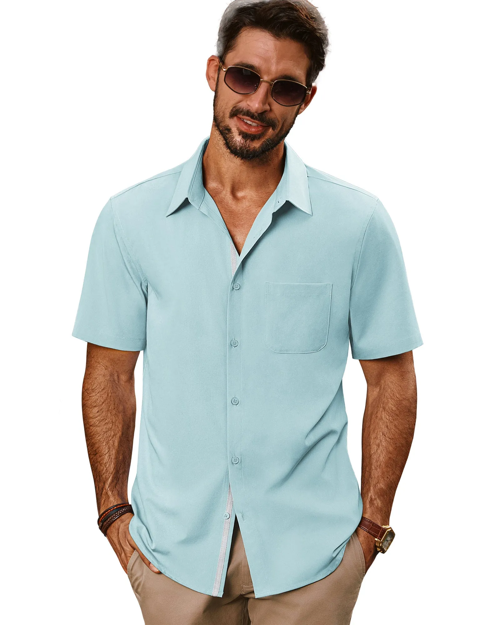 Men Classic Collar Shirt Casual Short Sleeve Curved Hem Button-up Tops