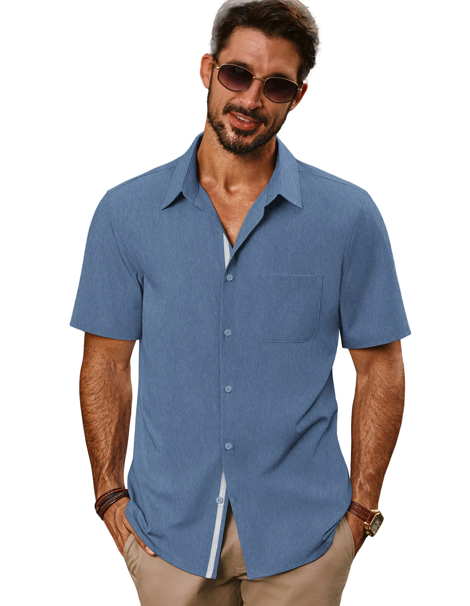 Men Classic Collar Shirt Casual Short Sleeve Curved Hem Button-up Tops