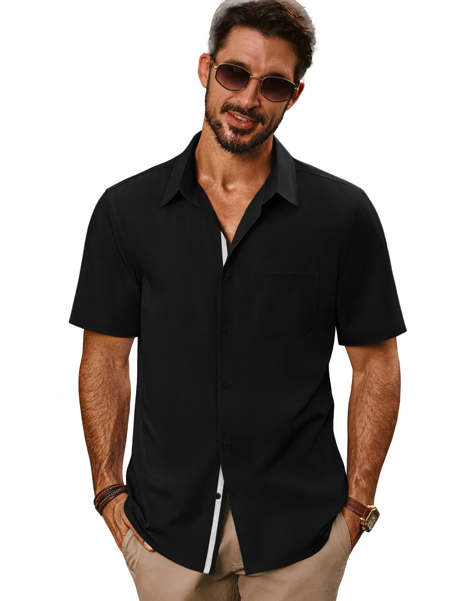 Men Classic Collar Shirt Casual Short Sleeve Curved Hem Button-up Tops