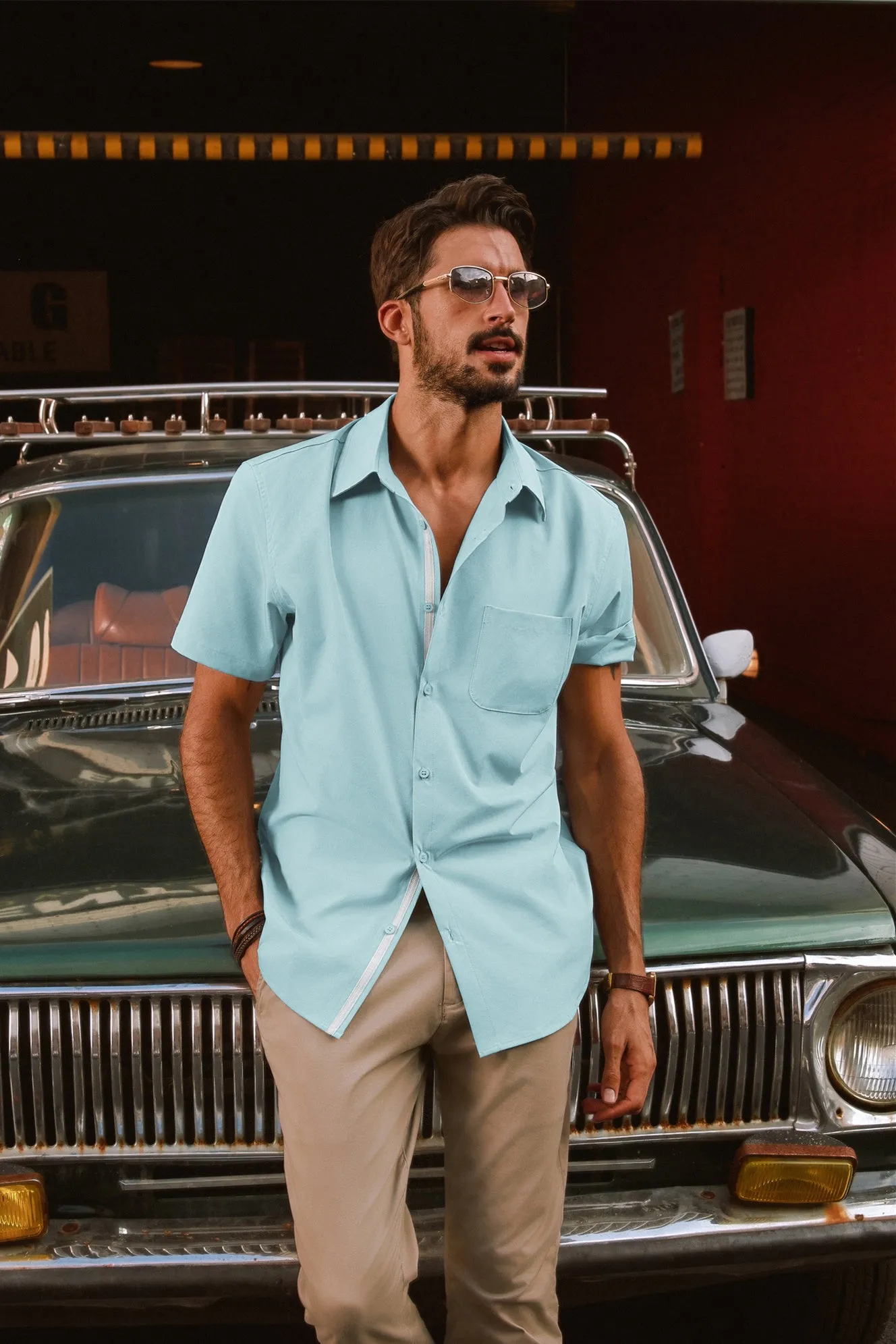 Men Classic Collar Shirt Casual Short Sleeve Curved Hem Button-up Tops