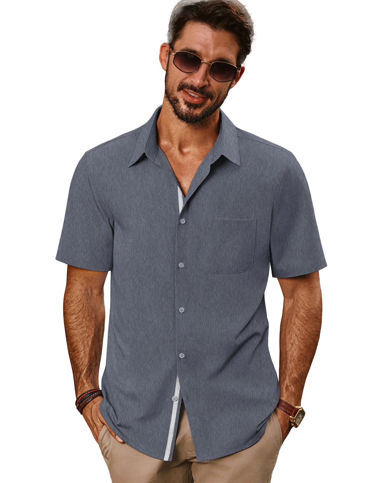 Men Classic Collar Shirt Casual Short Sleeve Curved Hem Button-up Tops