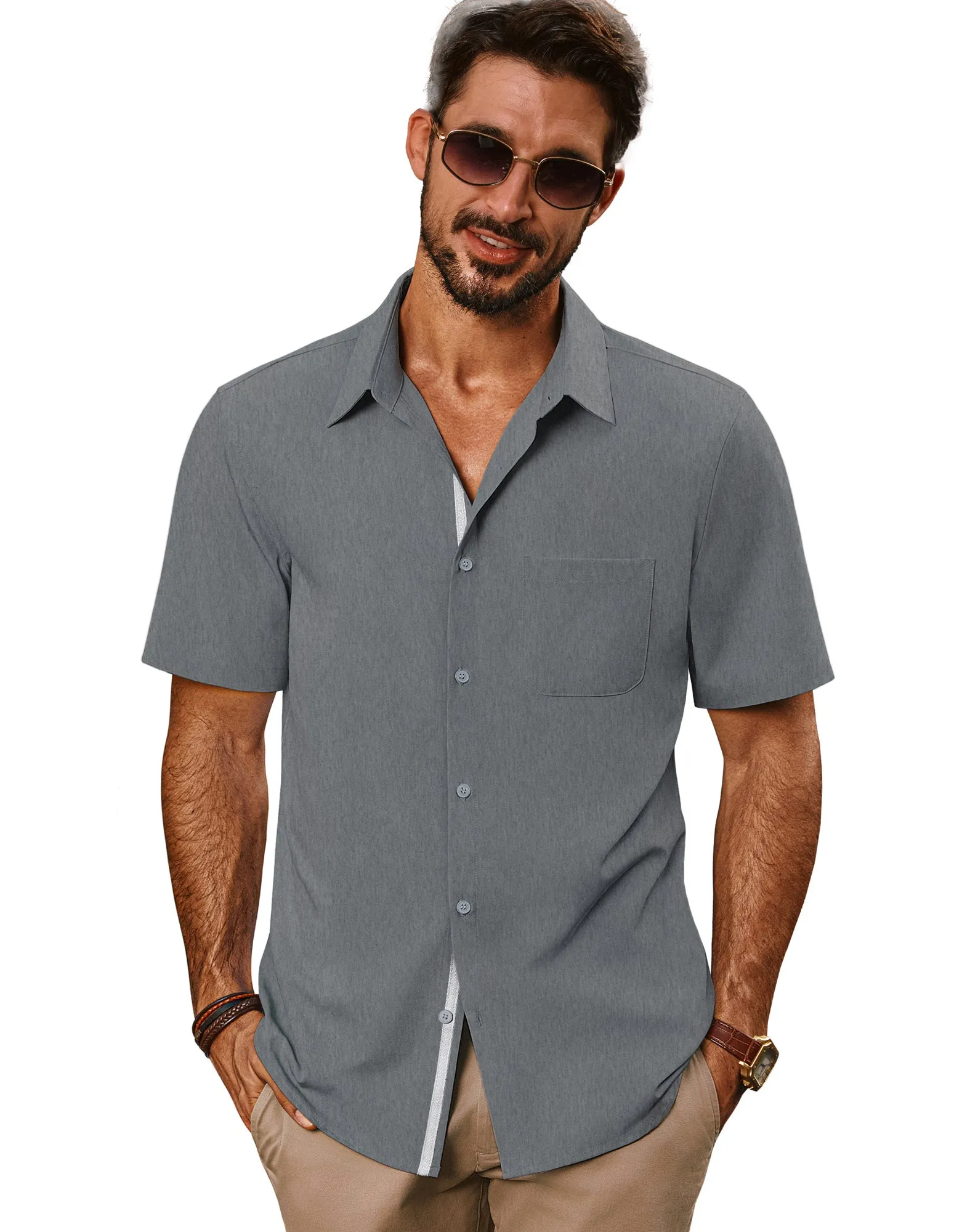 Men Classic Collar Shirt Casual Short Sleeve Curved Hem Button-up Tops