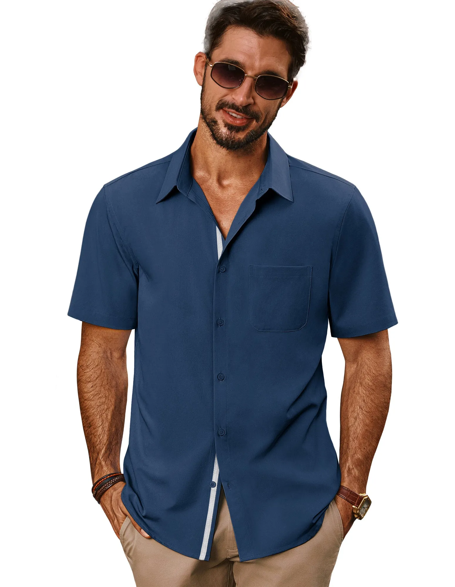 Men Classic Collar Shirt Casual Short Sleeve Curved Hem Button-up Tops
