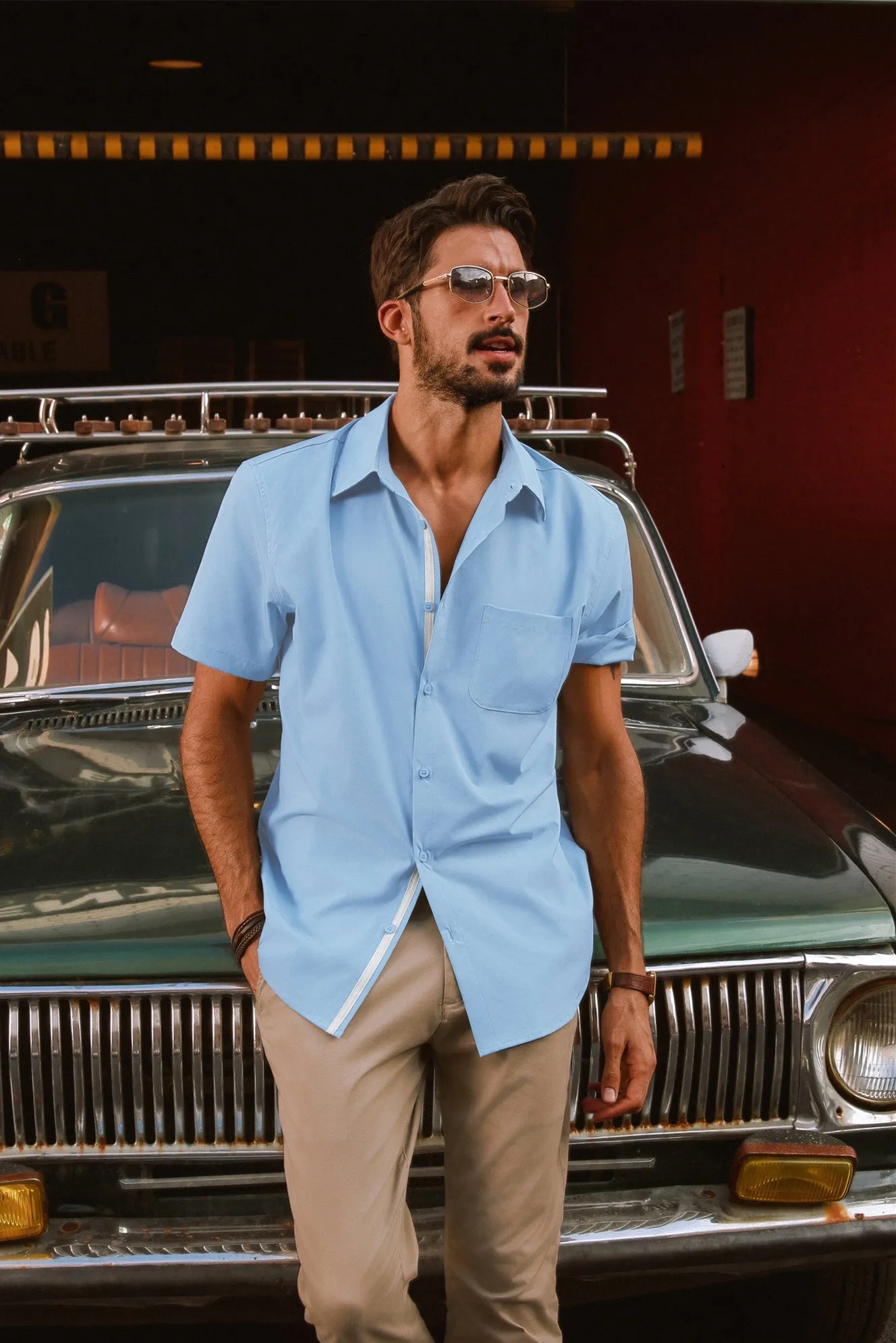 Men Classic Collar Shirt Casual Short Sleeve Curved Hem Button-up Tops