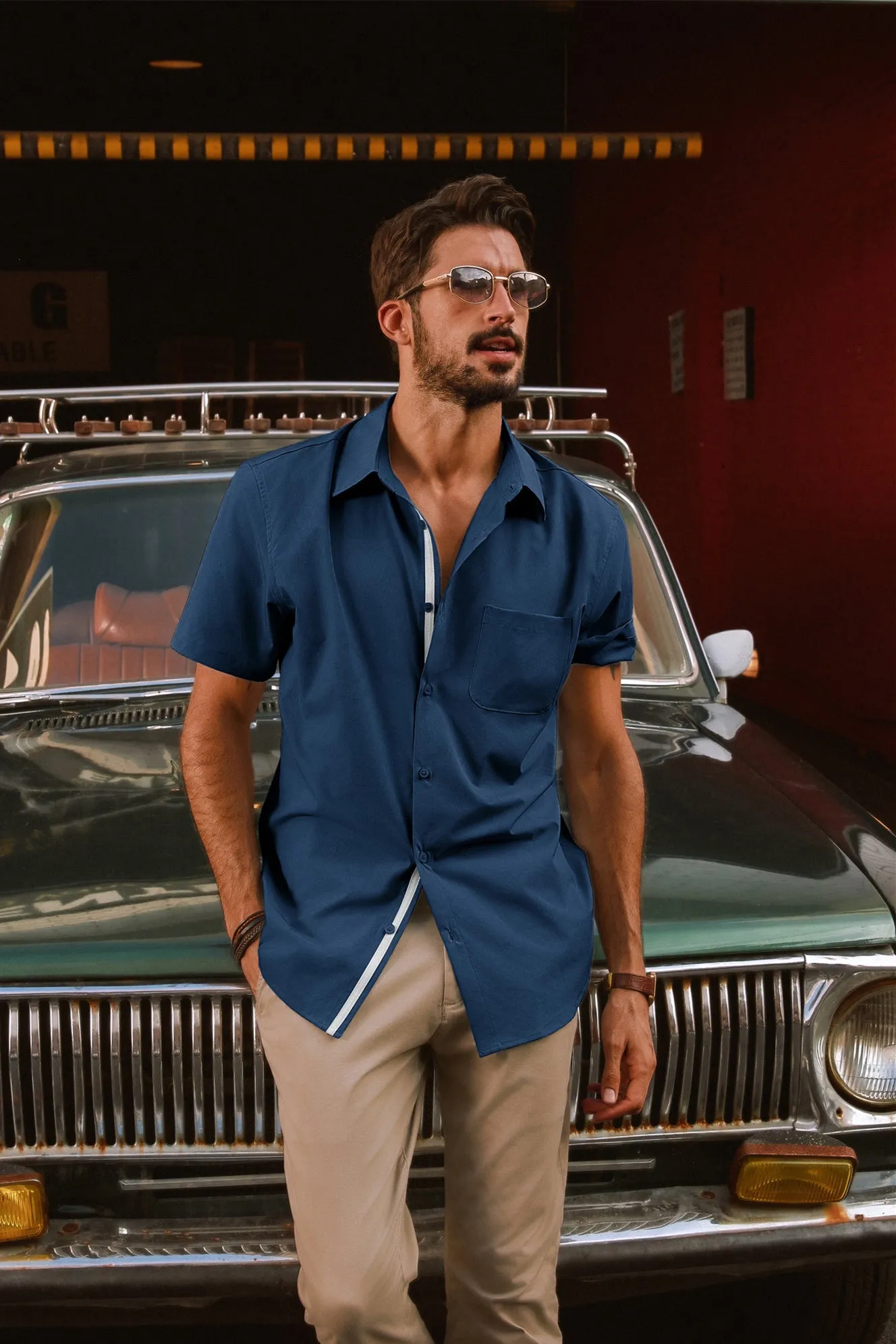 Men Classic Collar Shirt Casual Short Sleeve Curved Hem Button-up Tops