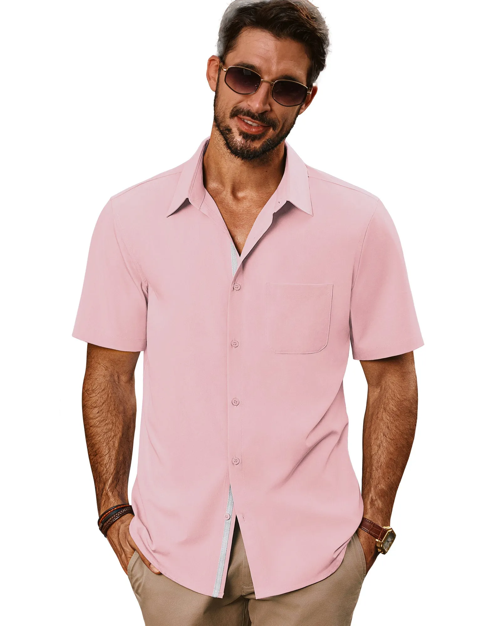 Men Classic Collar Shirt Casual Short Sleeve Curved Hem Button-up Tops