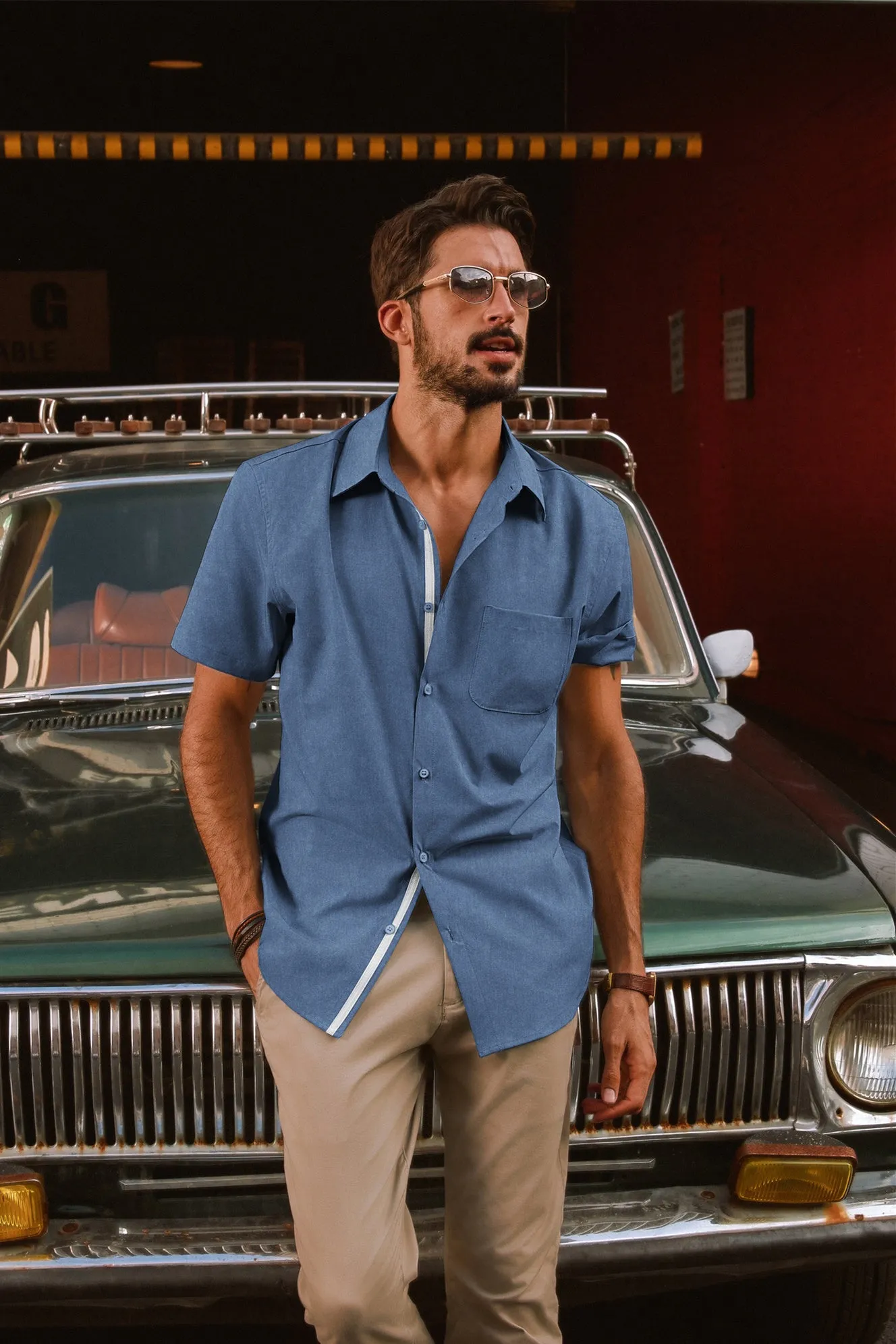 Men Classic Collar Shirt Casual Short Sleeve Curved Hem Button-up Tops