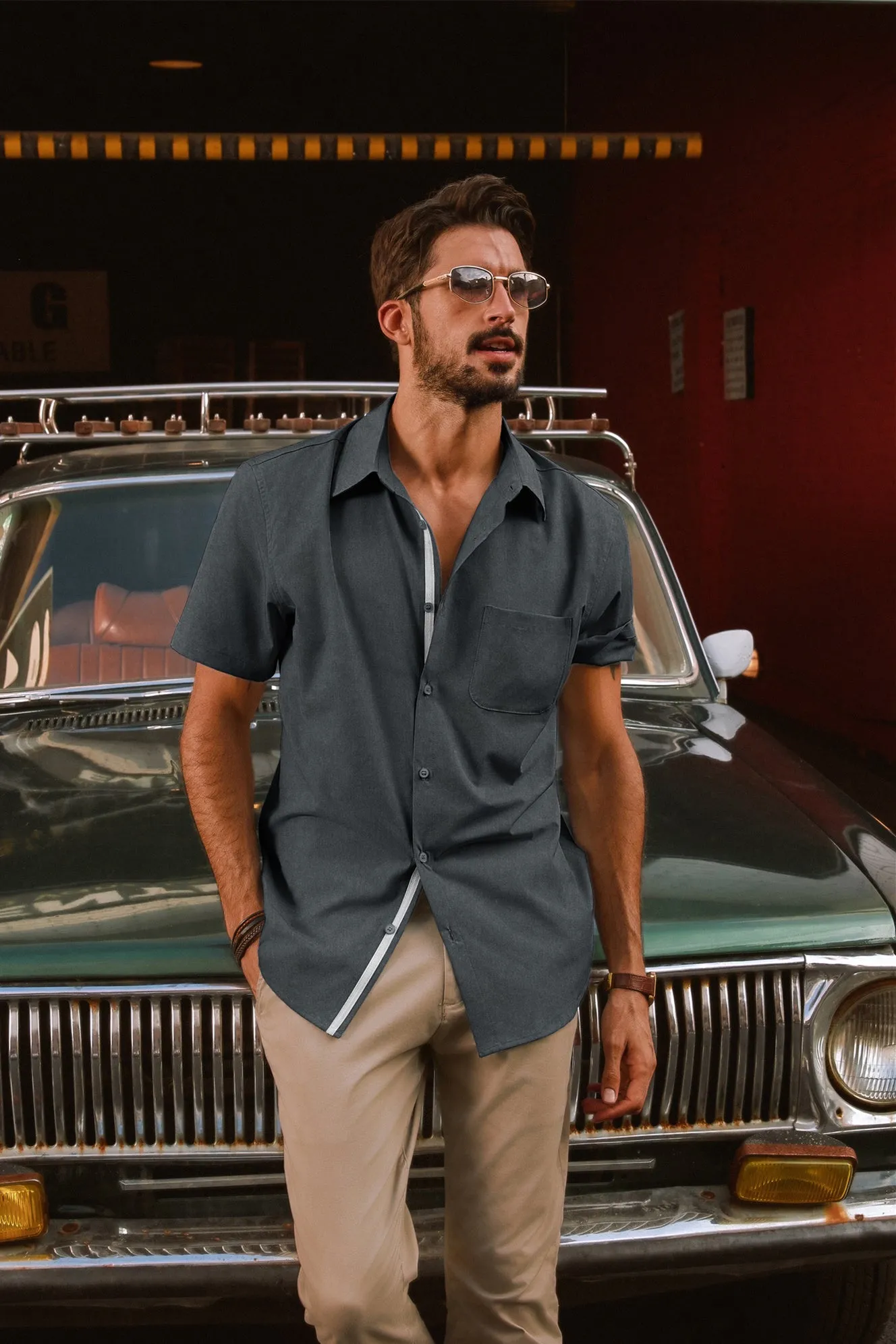 Men Classic Collar Shirt Casual Short Sleeve Curved Hem Button-up Tops