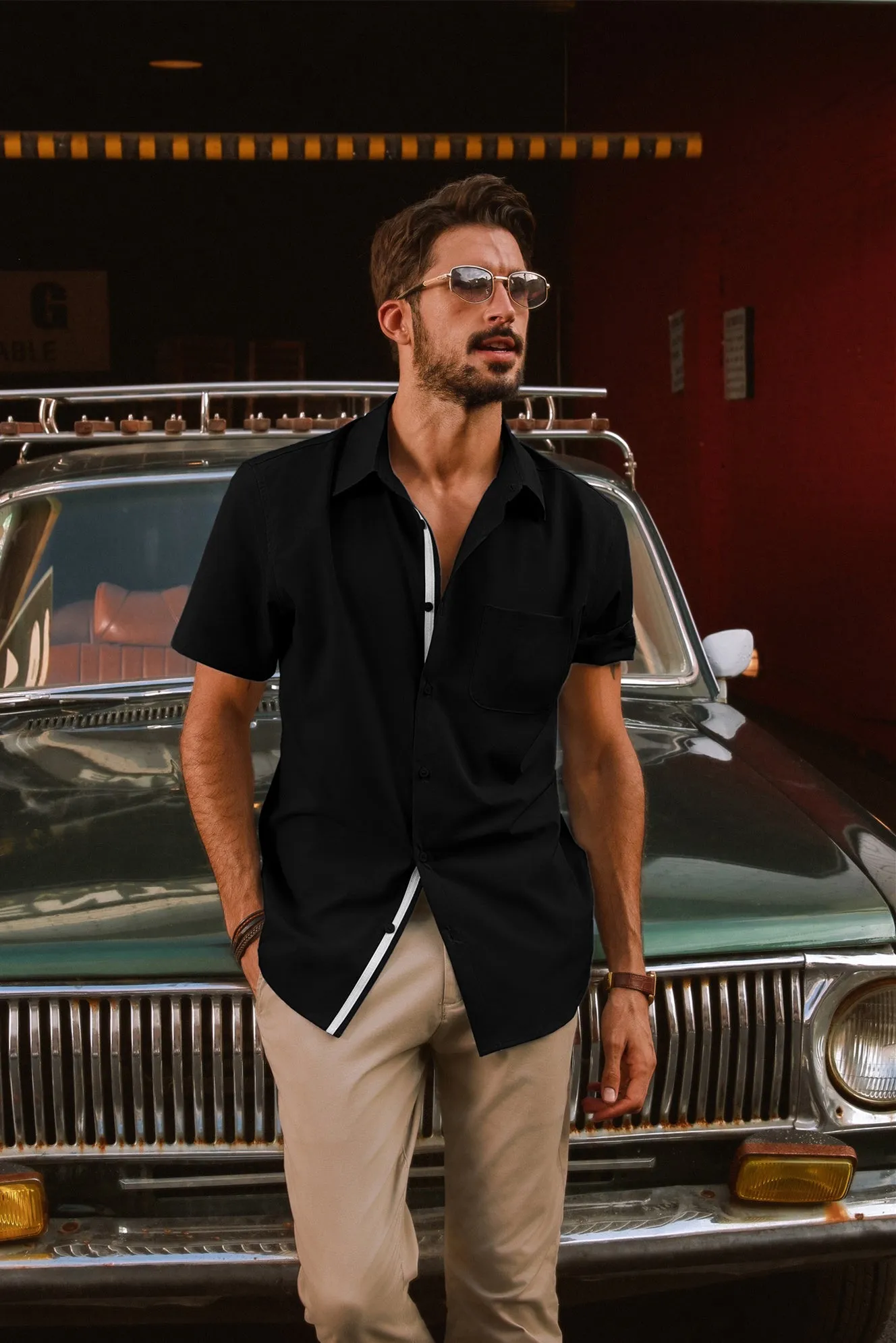 Men Classic Collar Shirt Casual Short Sleeve Curved Hem Button-up Tops
