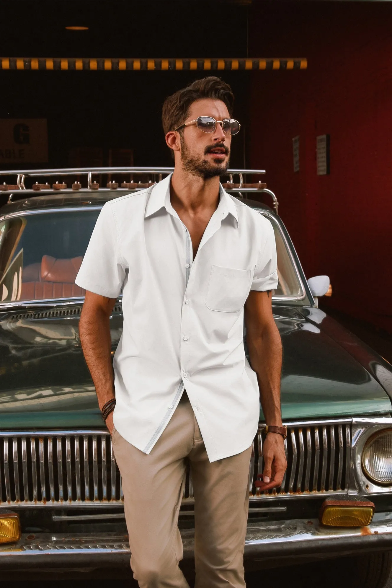 Men Classic Collar Shirt Casual Short Sleeve Curved Hem Button-up Tops