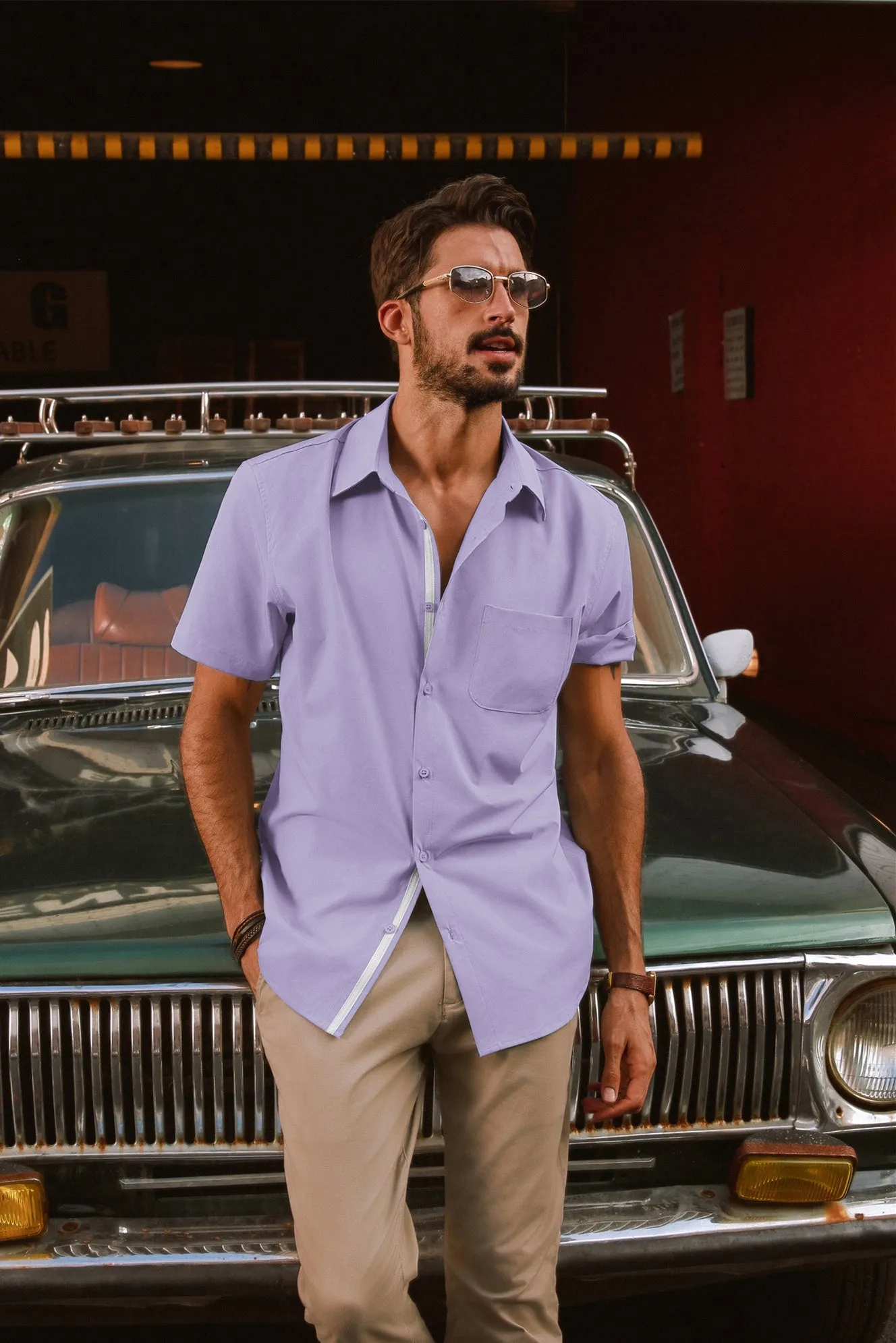Men Classic Collar Shirt Casual Short Sleeve Curved Hem Button-up Tops