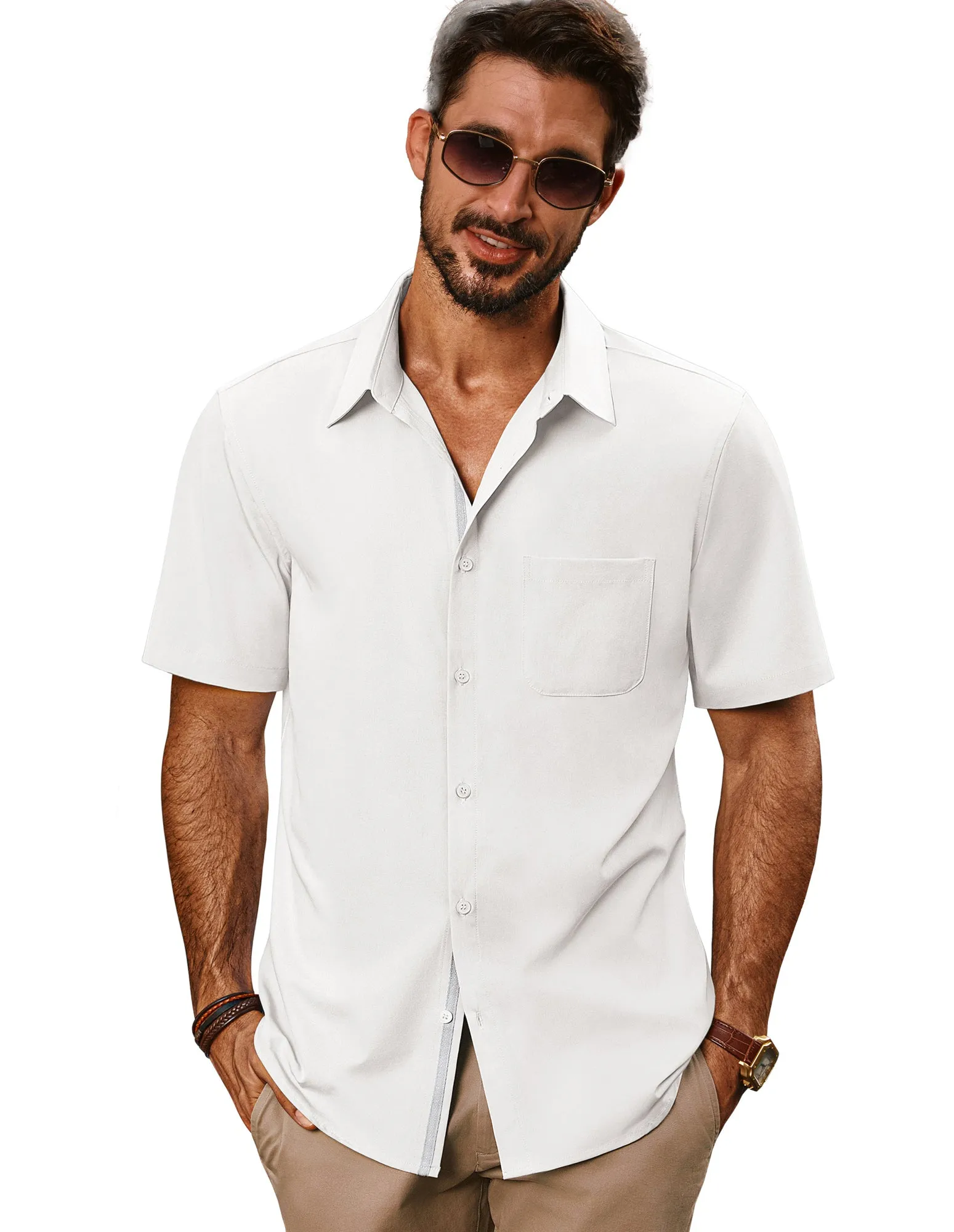 Men Classic Collar Shirt Casual Short Sleeve Curved Hem Button-up Tops
